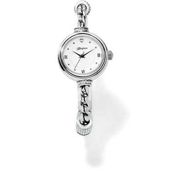 Brighton silver-plated watch with white dial, Roman numerals, braided band, and crystal accents on a white background
