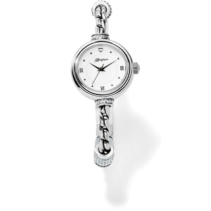 Brighton silver-plated watch with white dial, Roman numerals, braided band, and crystal accents on a white background