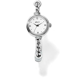 Brighton silver-plated watch with white dial, Roman numerals, braided band, and crystal accents on a white background
