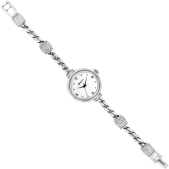 Brighton watch with silver-plated chain bracelet, crystal-encrusted stations, and white Roman numeral dial on a white background