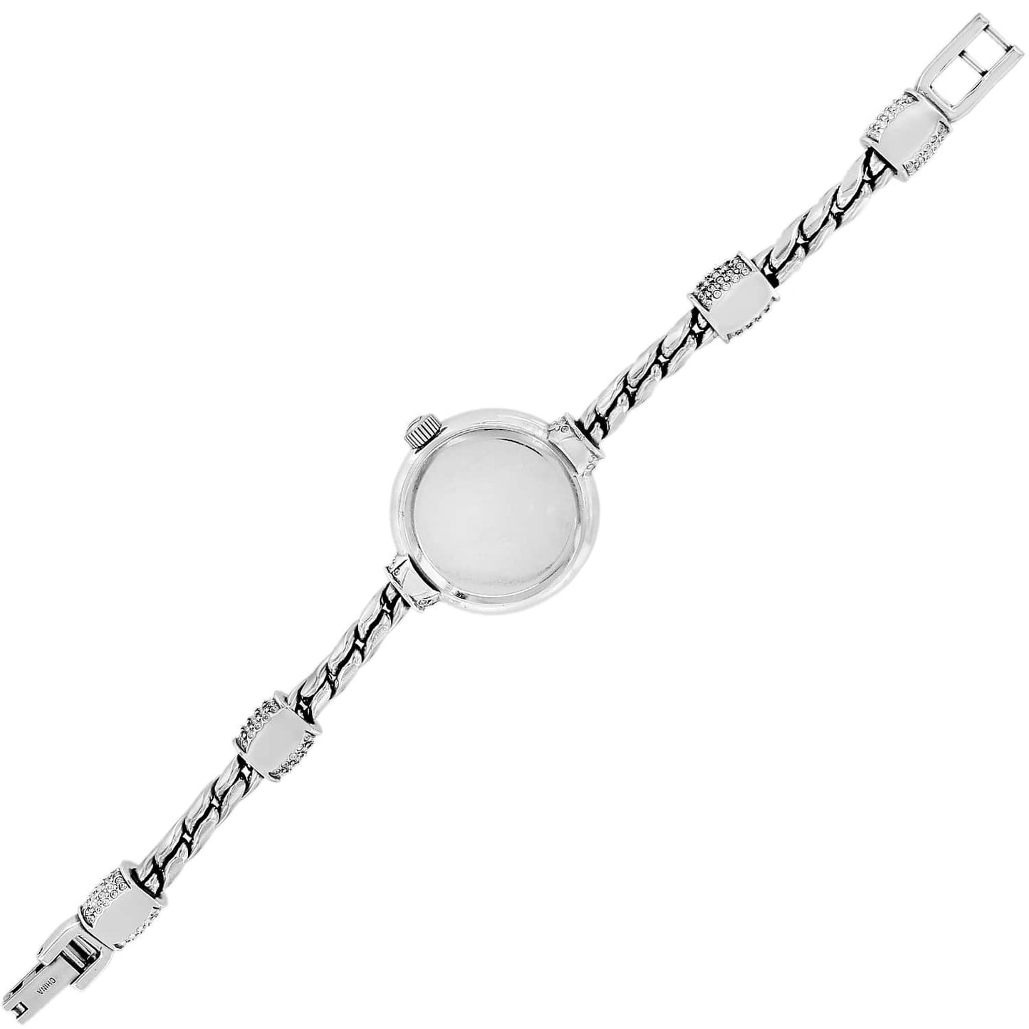 Brighton watch shown from the back with silver-plated case, chain link band, and crystal accents on a white background