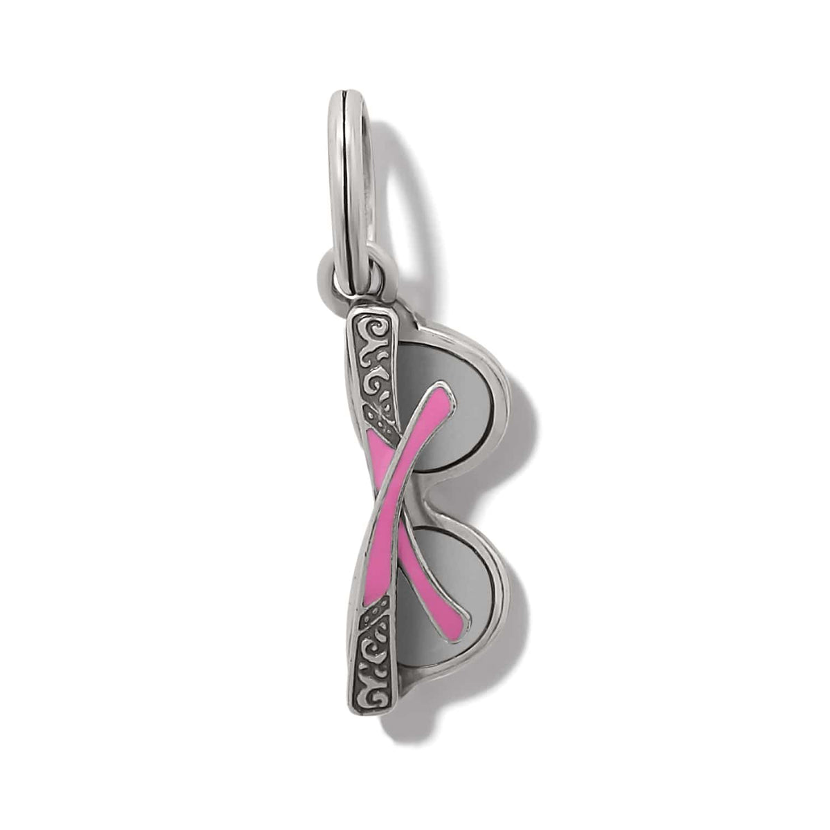 Brighton sunglasses charm shown from the side with pink enamel detail and silver-plated scrollwork frame on a white background