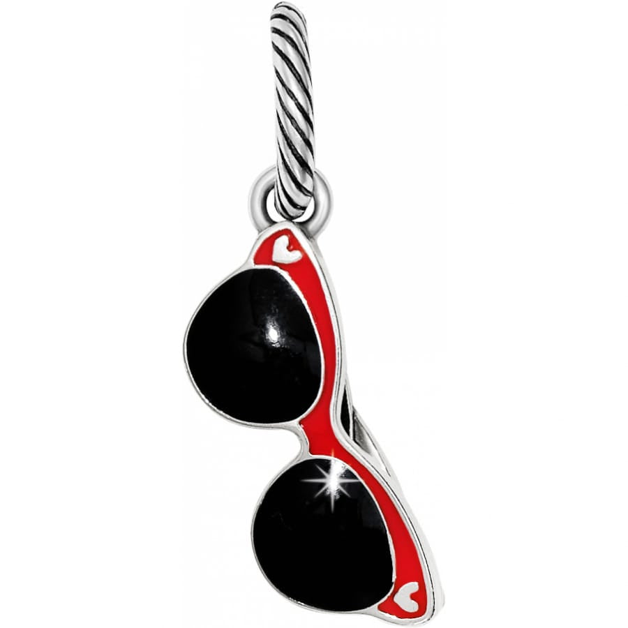 Brighton sunglasses charm with black lenses, red frames, and silver-plated twisted bail on a white background