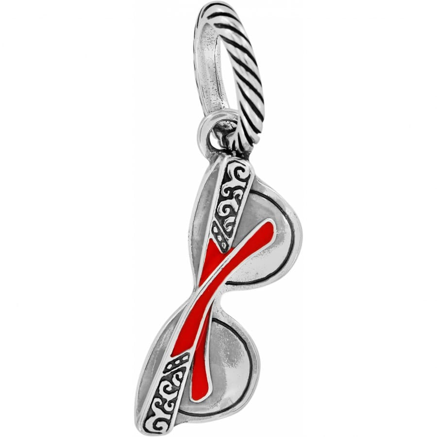 Brighton sunglasses charm with red ribbon accent and silver-plated scroll detailing on a white background