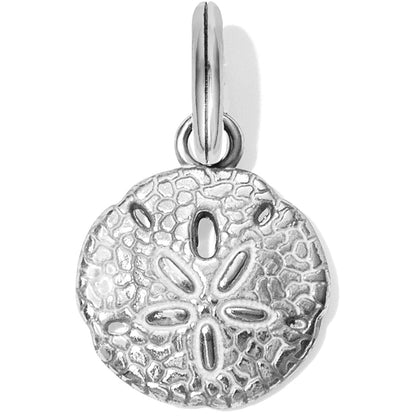 Brighton sand dollar charm with silver-plated textured finish and hinged ring clasp on a white background