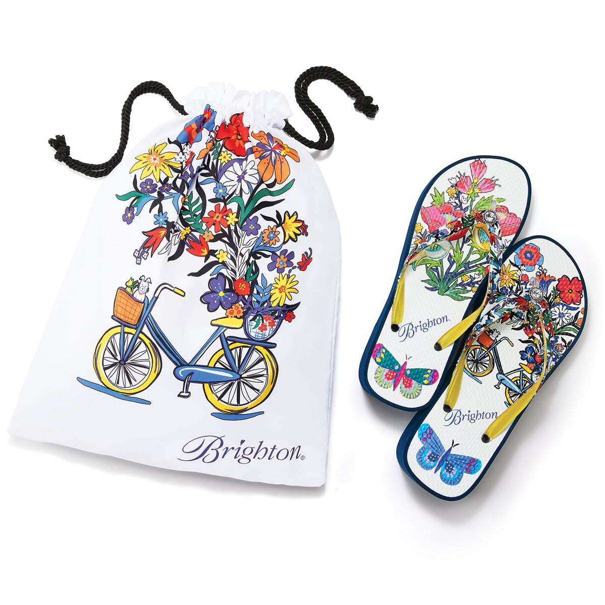 Brighton rubber flip-flops with floral bicycle print styled with a matching drawstring pouch on a white background