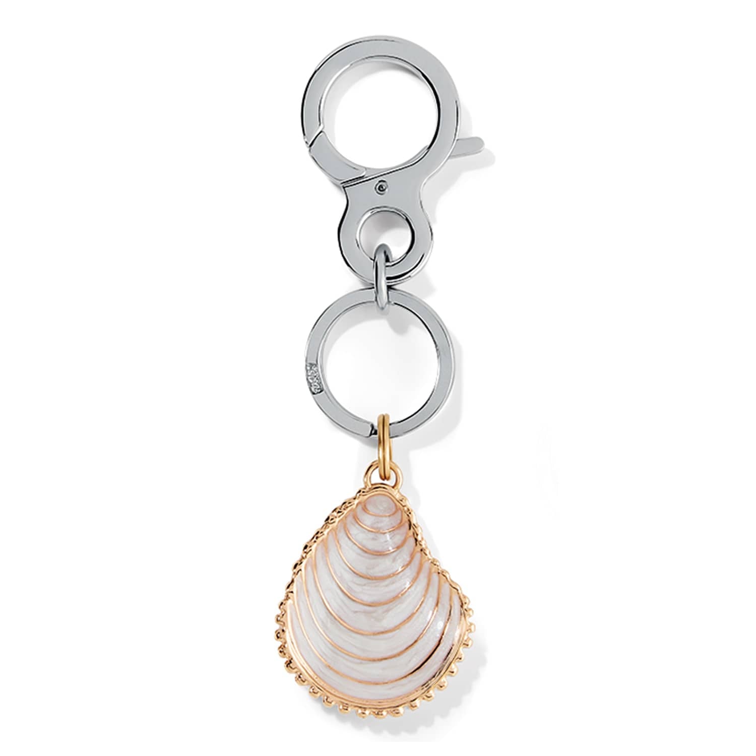 Brighton keychain with gold-plated shell charm in white enamel and silver-tone clip on a white background