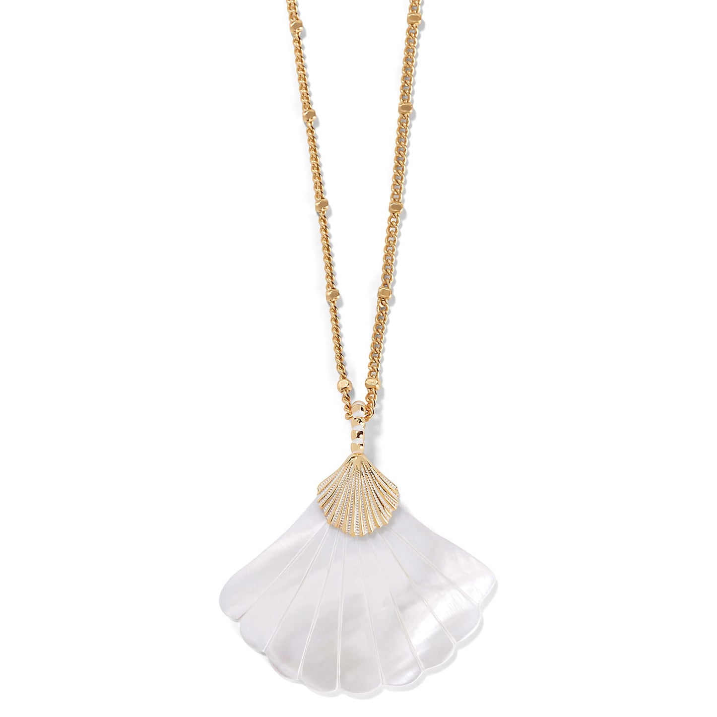 Brighton pendant necklace with white shell charm and gold-plated scallop accent on beaded chain on a white background