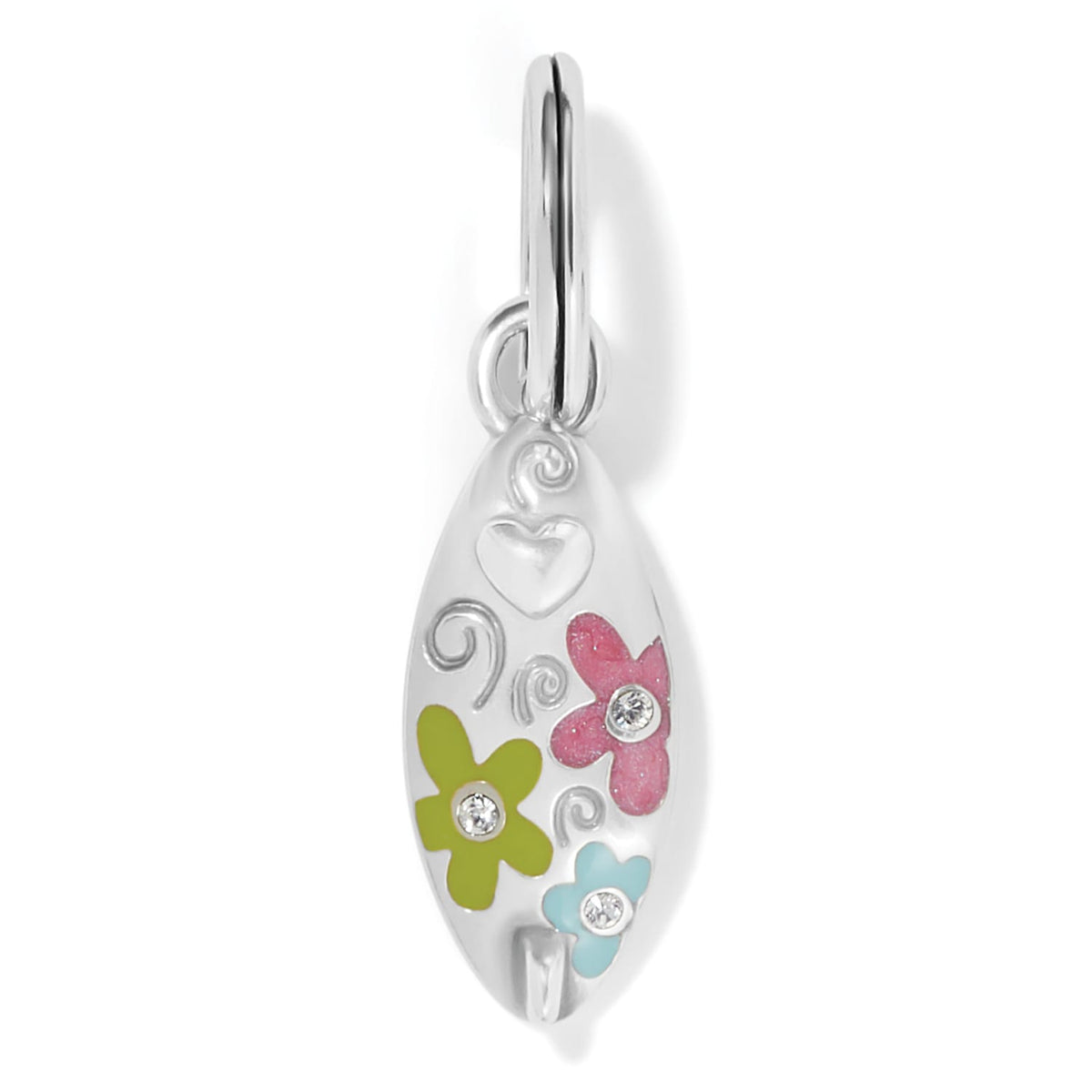 Brighton charm with enamel pink, green, and blue flowers, crystal accents, and heart detail on a white background