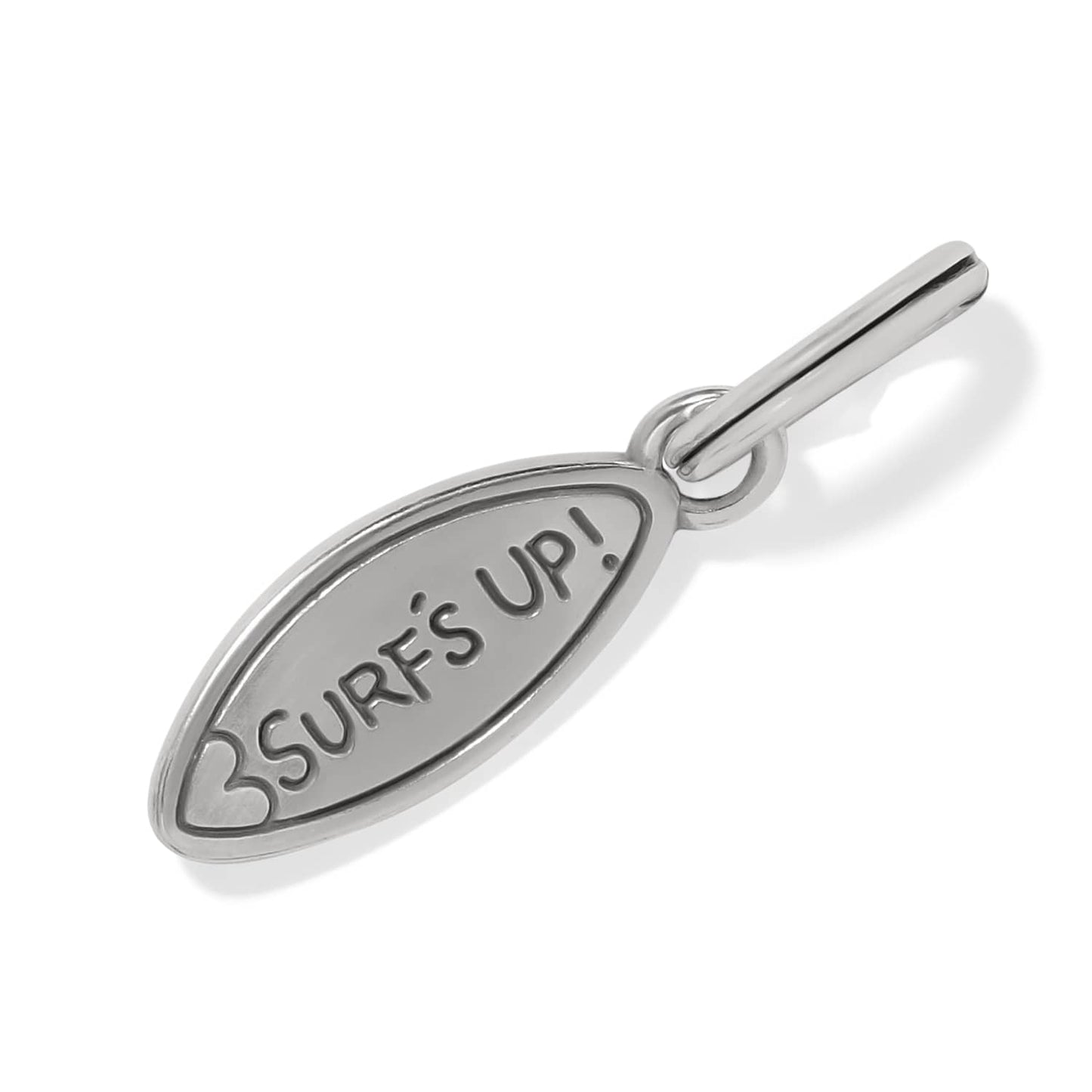 Brighton surfboard charm with silver-tone finish and engraved Surf's Up text on a white background