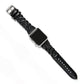 Brighton smartwatch band in black braided leather with silver-plated buckle and textured tail strap on a white background