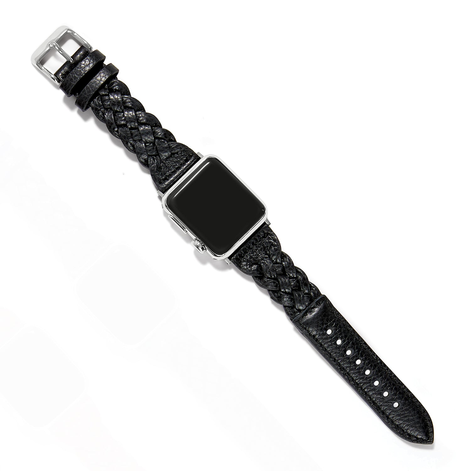 Brighton smartwatch band in black braided leather with silver-plated buckle and textured tail strap on a white background