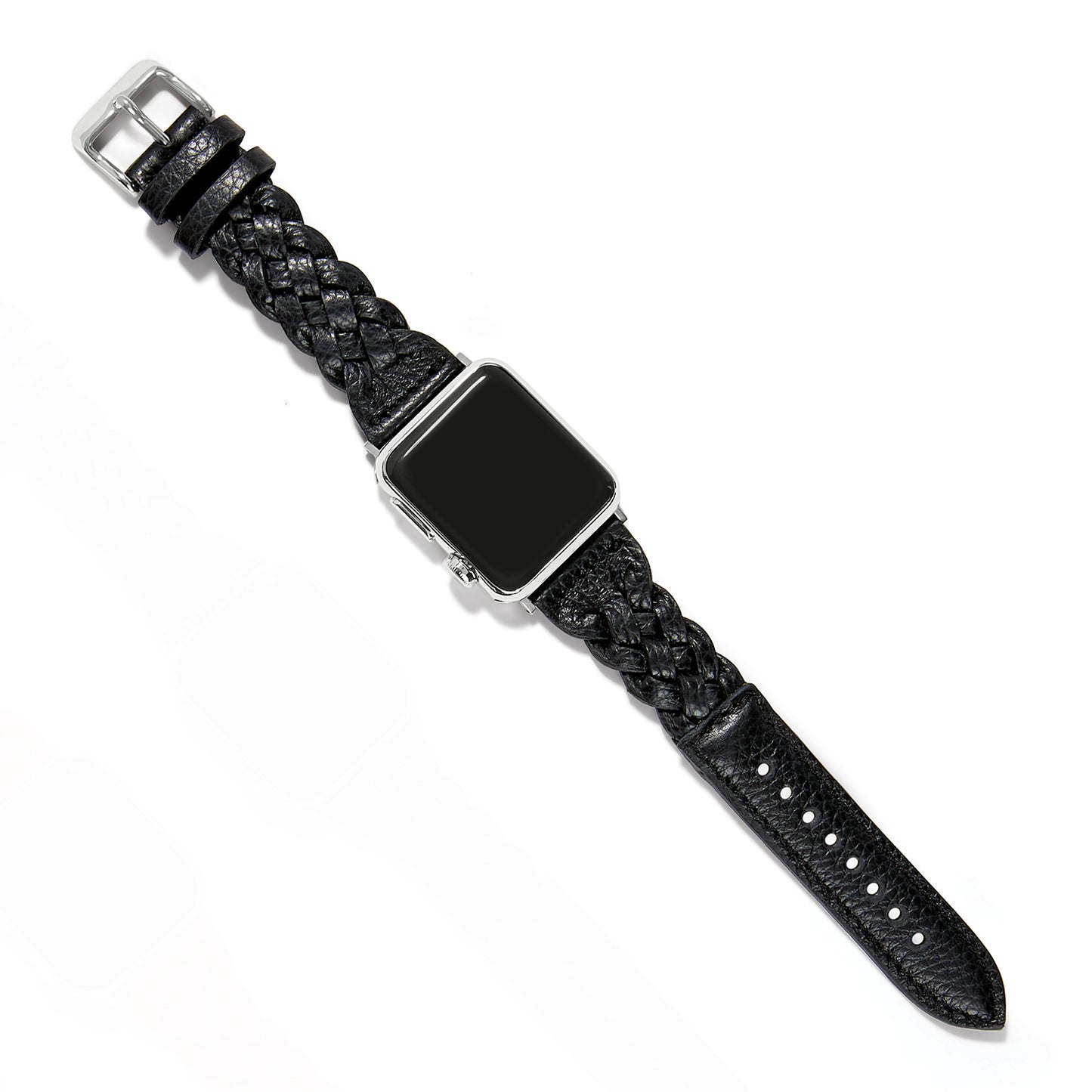 Brighton smartwatch band in black braided leather with silver-plated buckle and textured tail strap on a white background