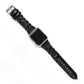 Brighton smartwatch band in black braided leather with silver-plated buckle and textured tail strap on a white background