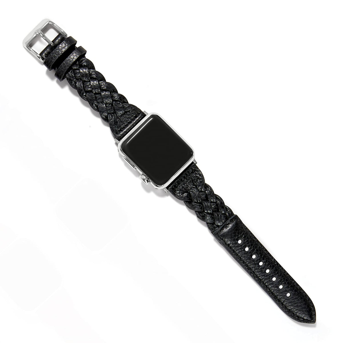 Brighton smartwatch band in black braided leather with silver-plated buckle and textured tail strap on a white background