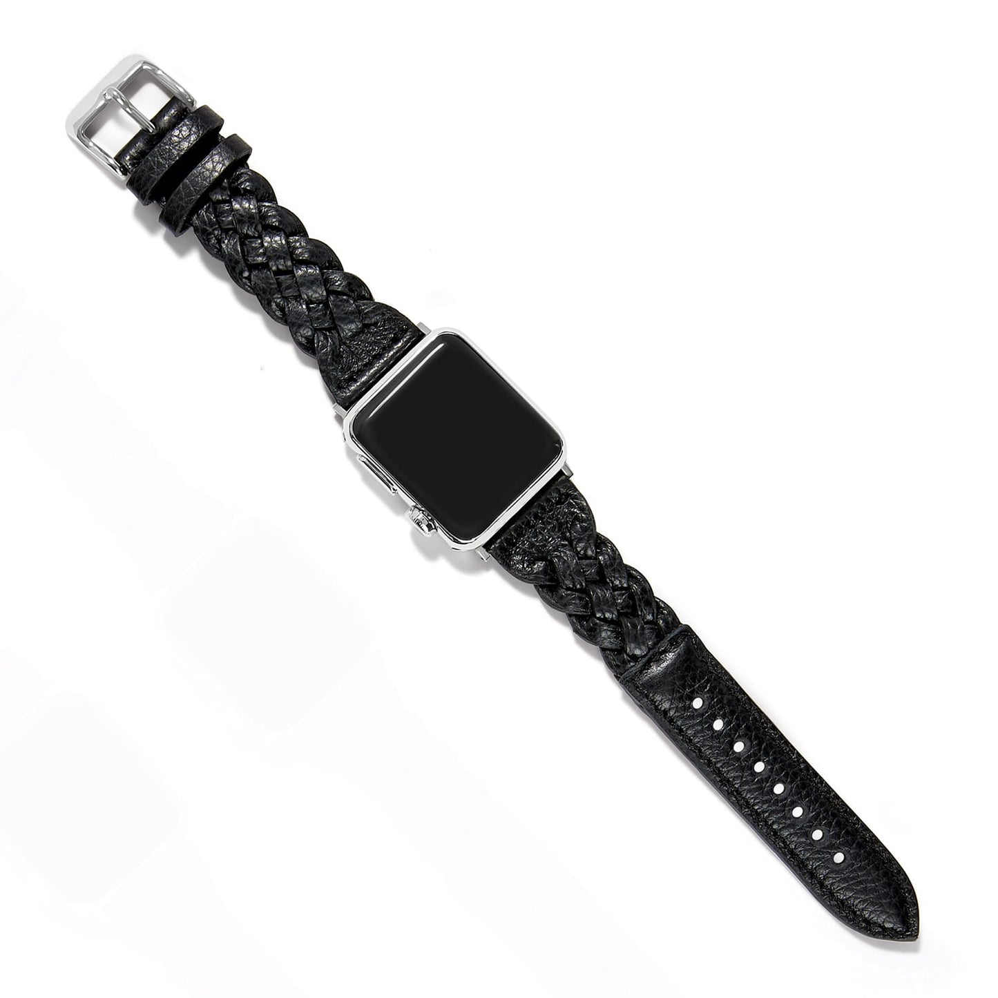 Brighton smartwatch band in black braided leather with silver-plated buckle and textured tail strap on a white background