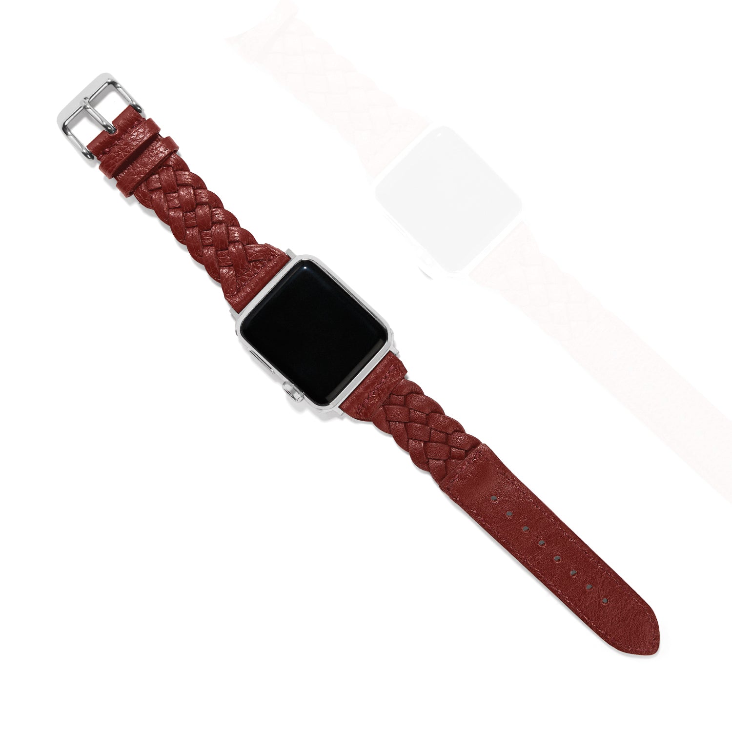 Brighton watch band in red braided leather with silver-plated buckle attached to a smartwatch on a white background