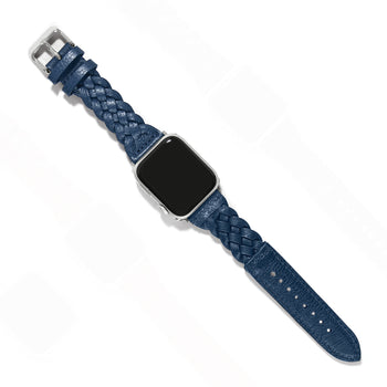 Brighton watch band in blue braided leather with silver-plated buckle and Apple watch face on a white background