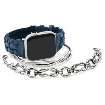 Brighton watch band in braided blue leather with silver-plated chain accent and buckle closure on a white background