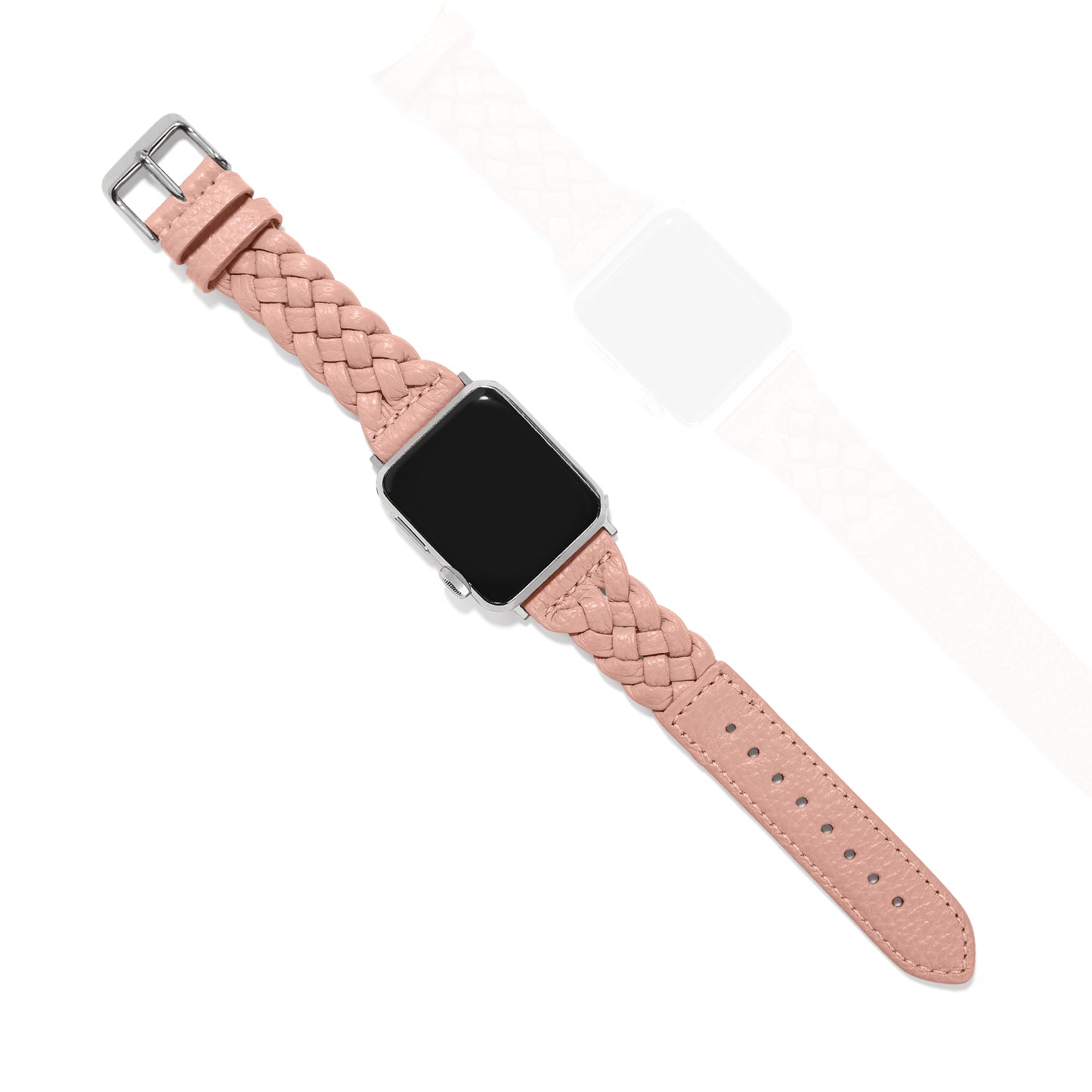 Brighton watch band in pink braided leather with silver-plated buckle and smartwatch attached on a white background