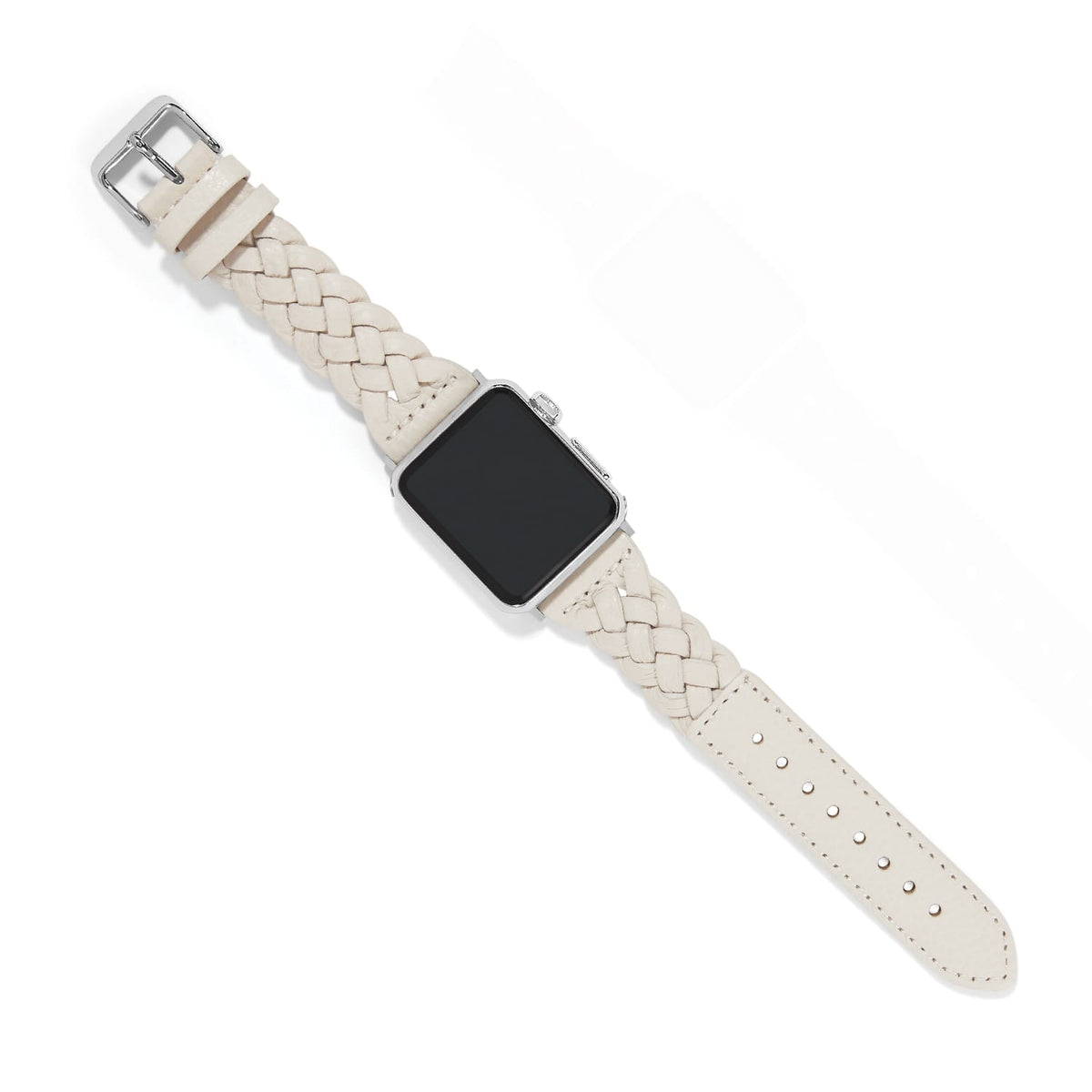 Brighton watch band with cream braided leather and silver-plated buckle on a white background