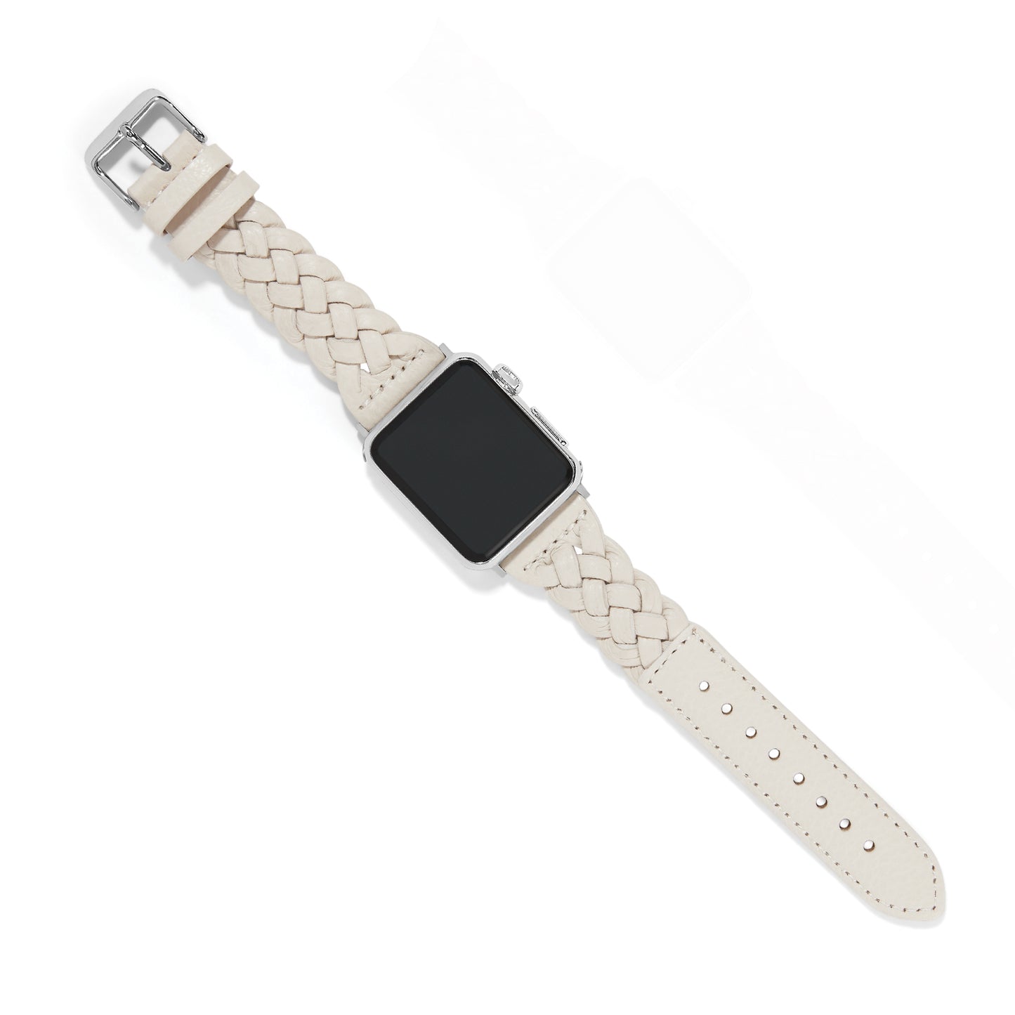 Brighton watch band with cream braided leather and silver-plated buckle on a white background