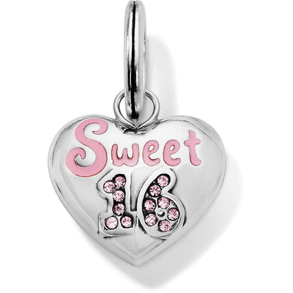 Brighton heart charm with pink Sweet 16 lettering and pink crystal accents in silver-plated finish on a white background