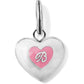 Brighton heart charm with pink enamel inner heart and silver-plated cursive B initial on a white background
