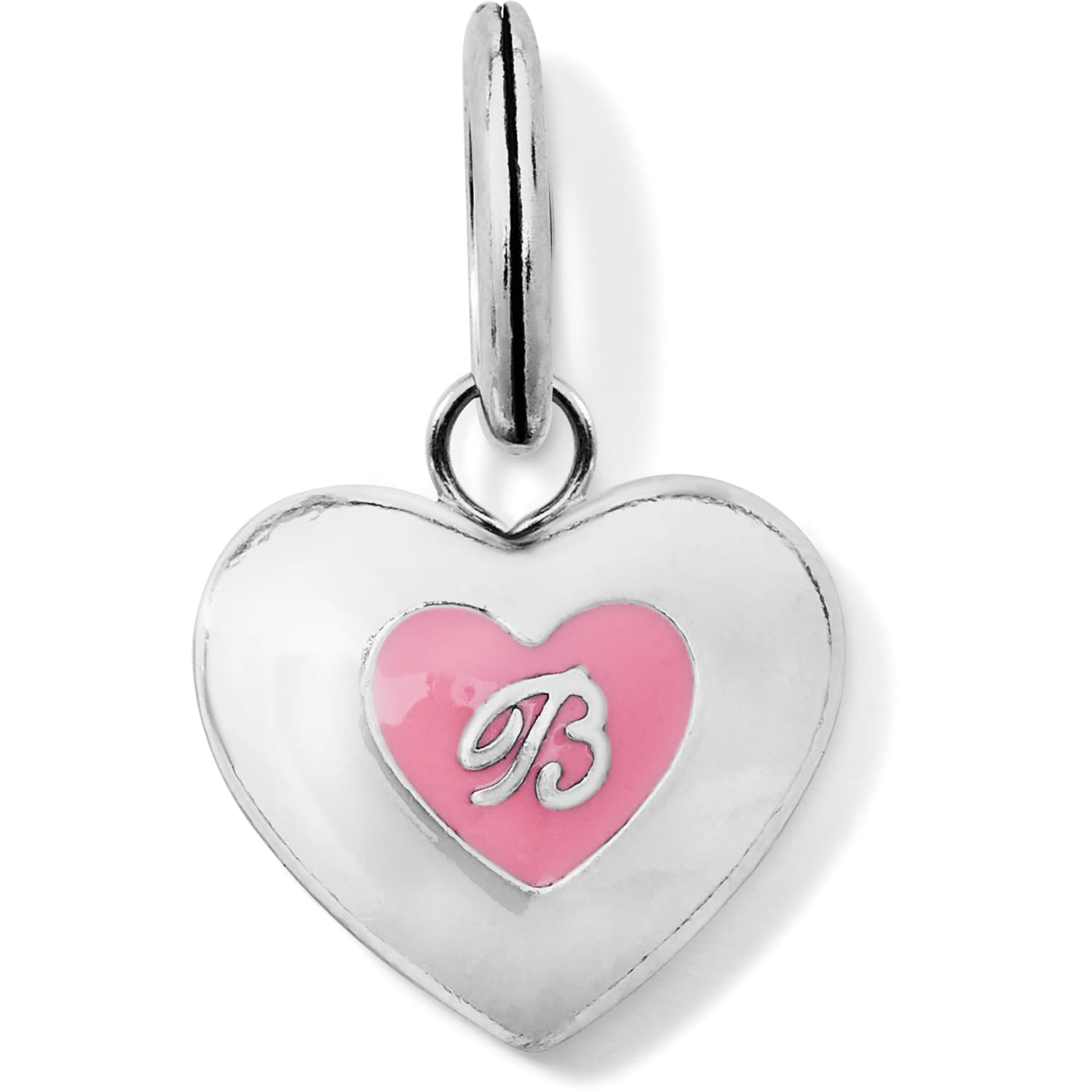 Brighton heart charm with pink enamel inner heart and silver-plated cursive B initial on a white background