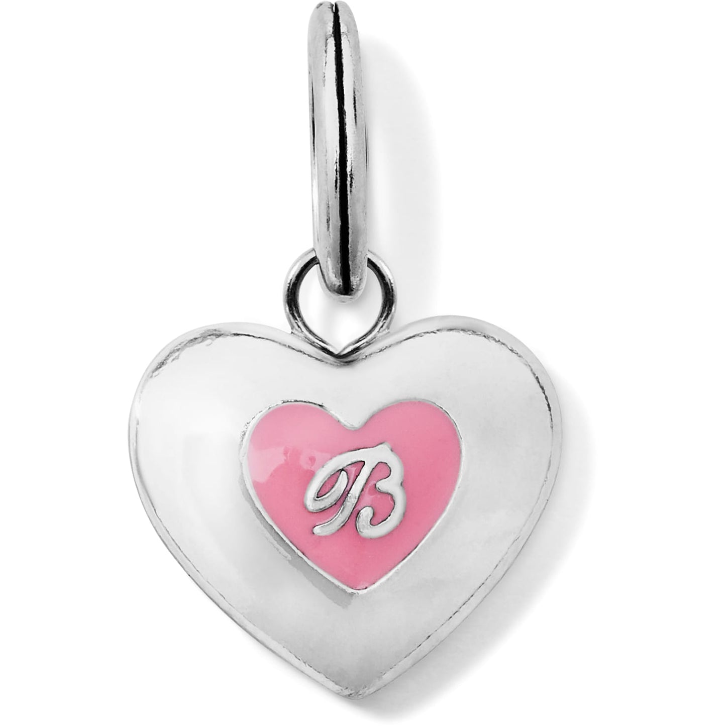 Brighton heart charm with pink enamel inner heart and silver-plated cursive B initial on a white background