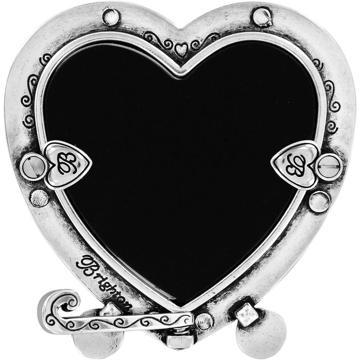 Brighton heart-shaped picture frame with silver-plated scroll detailing and dual heart accents on a white background