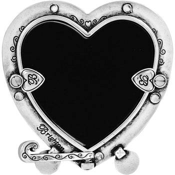 Brighton heart-shaped picture frame with silver-plated scroll detailing and dual heart accents on a white background