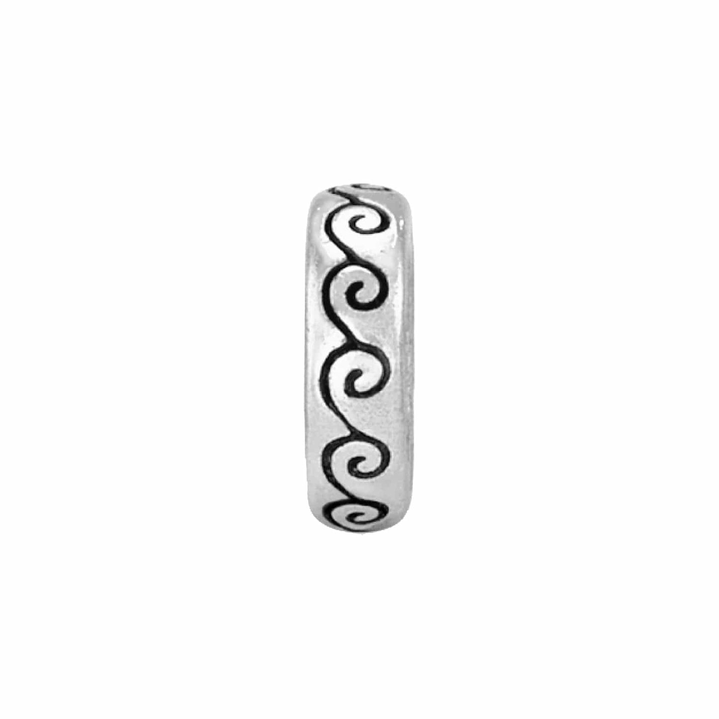 Brighton silver-plated spacer bead with engraved swirl pattern shown in side view on a white background