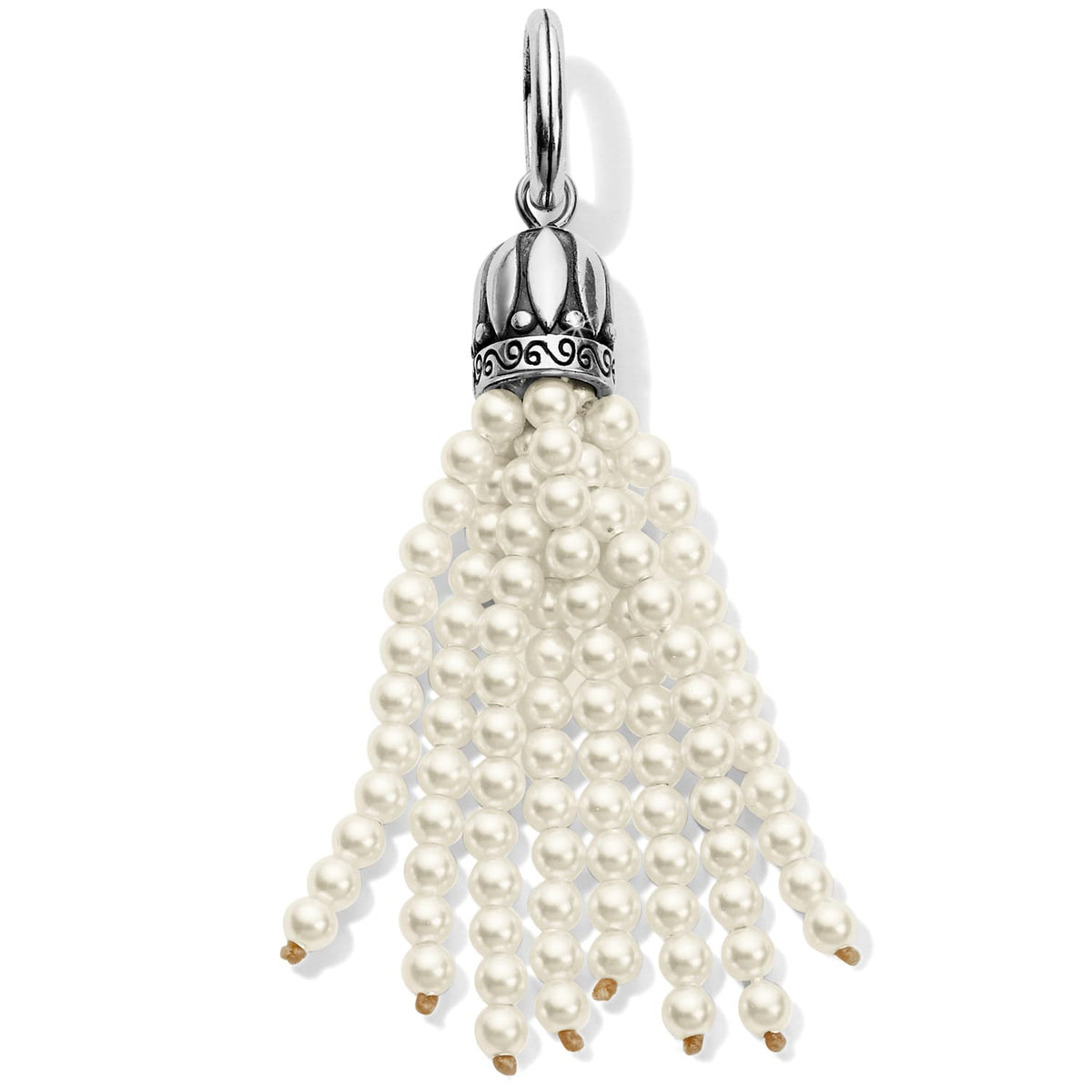 Brighton tassel charm with fine glass pearl strands and ornate silver-plated scrollwork cap on a white background