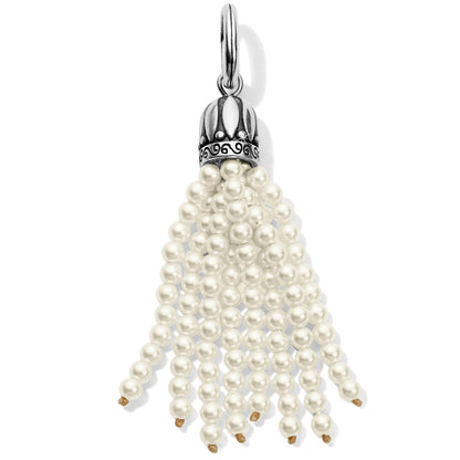 Brighton tassel charm with fine glass pearl strands and ornate silver-plated scrollwork cap on a white background