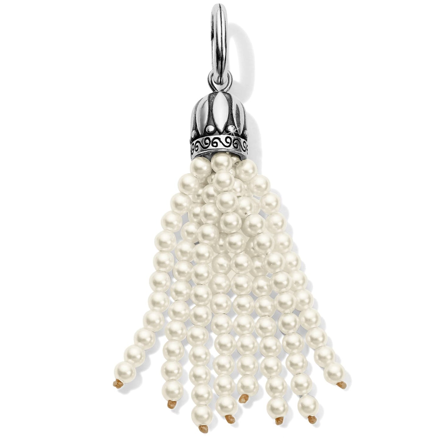 Brighton tassel charm with fine glass pearl strands and ornate silver-plated scrollwork cap on a white background