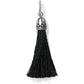 Brighton tassel charm with black fringe and ornate silver-plated decorative cap on a white background