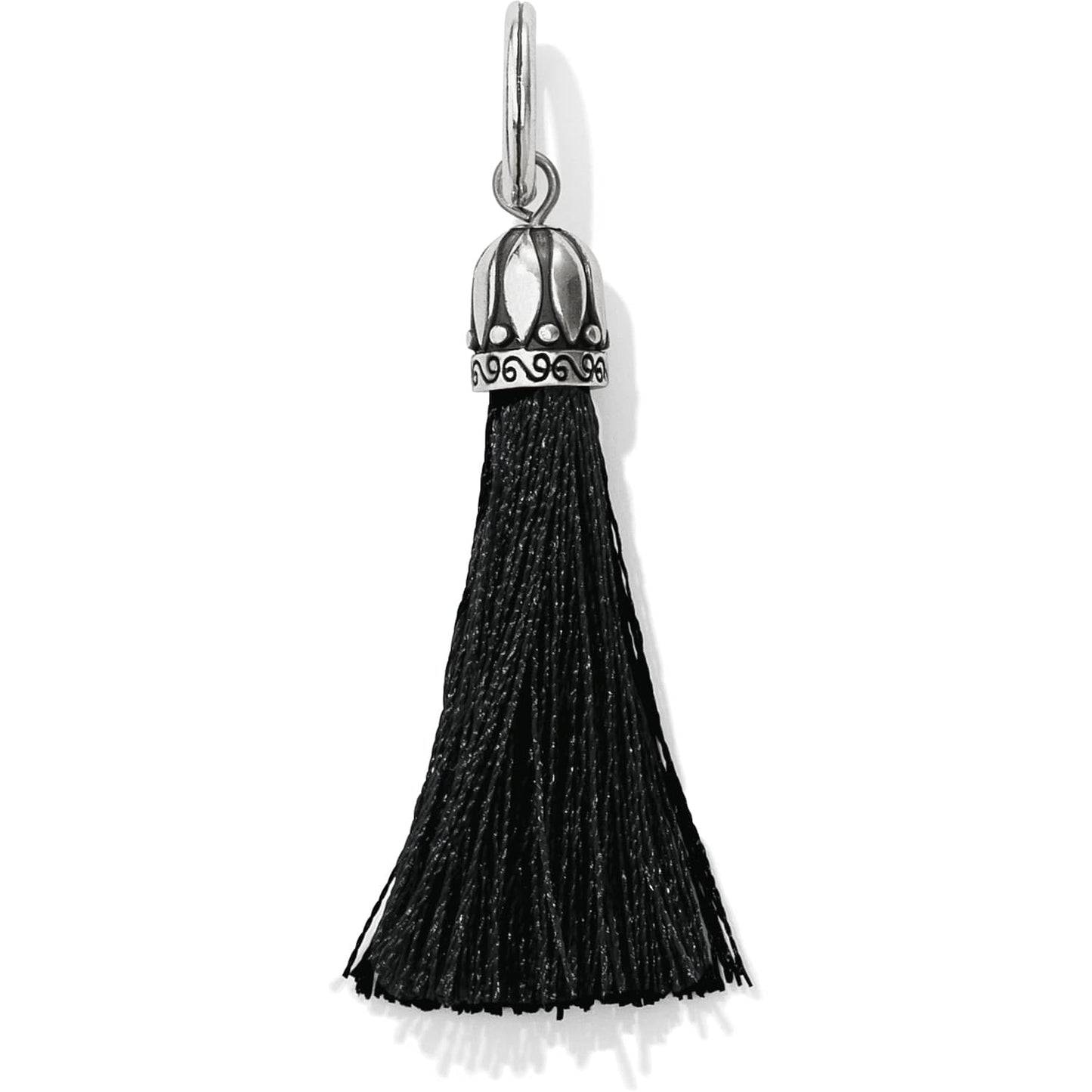 Brighton tassel charm with black fringe and ornate silver-plated decorative cap on a white background