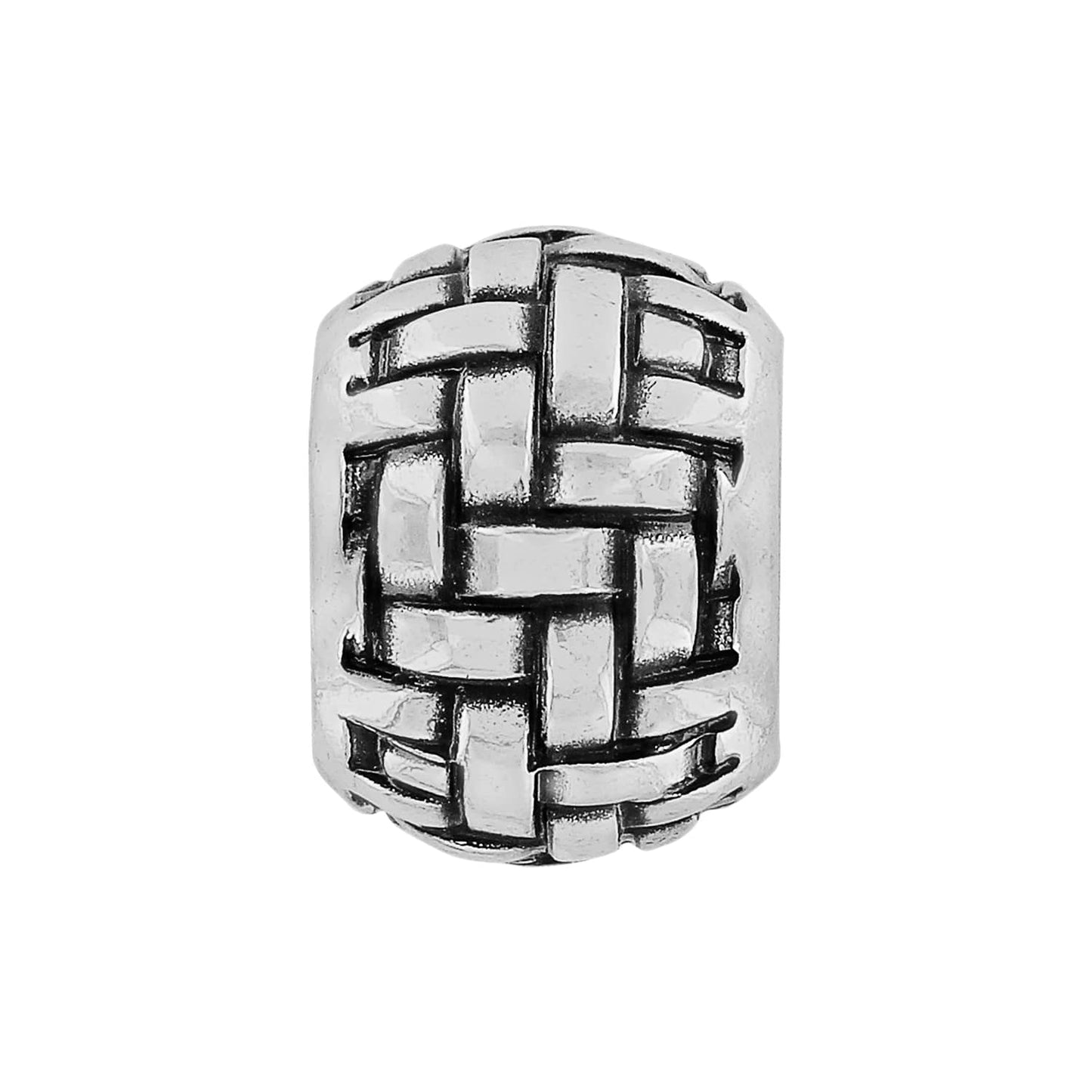 Brighton silver-plated charm bead with woven basket-weave pattern and oxidized detailing on a white background
