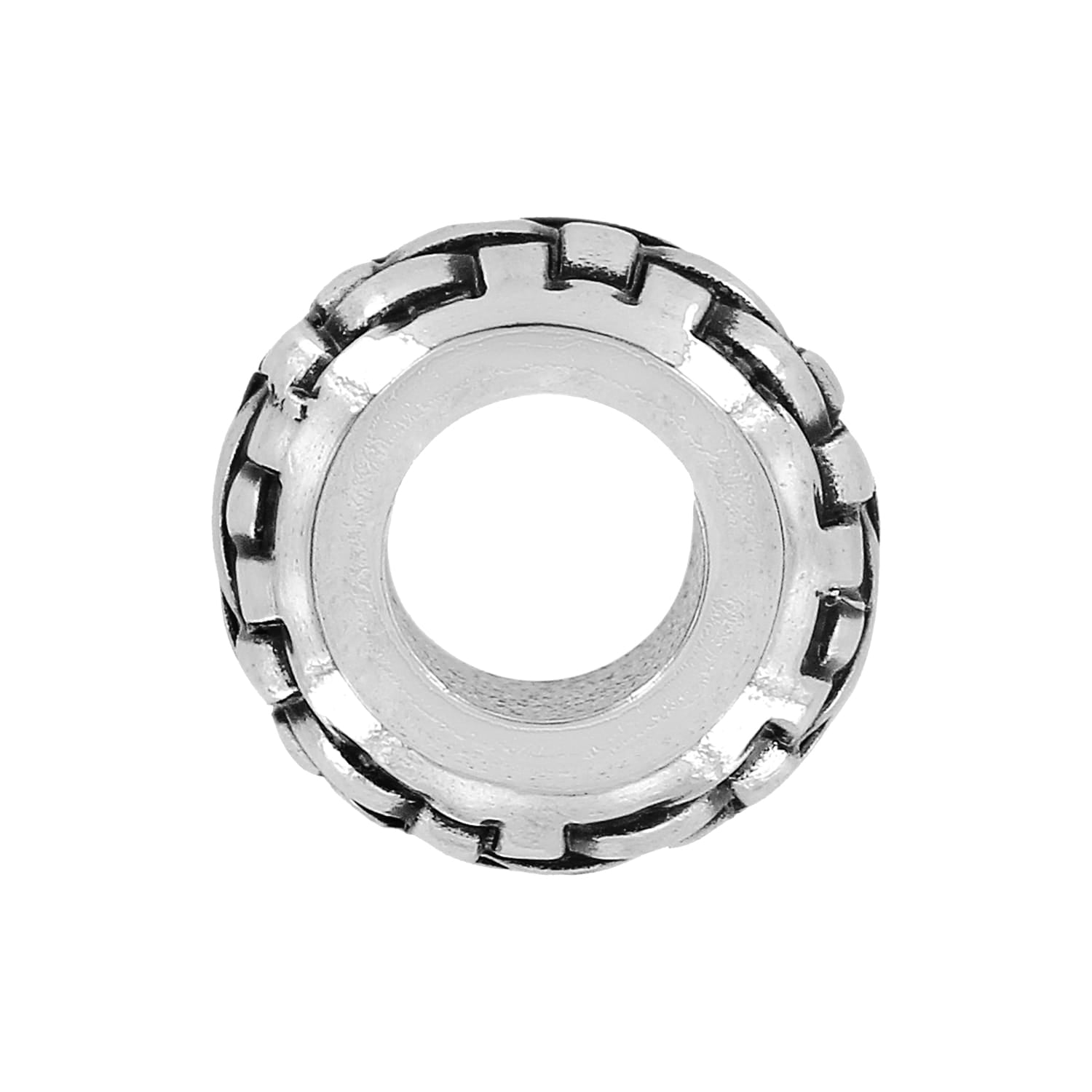 Brighton spacer charm with silver-plated finish and textured link-pattern border around center opening on a white background