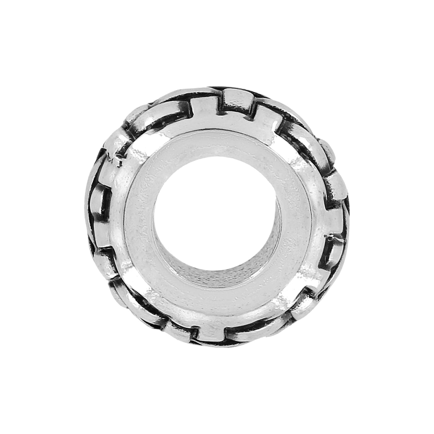 Brighton spacer charm with silver-plated finish and textured link-pattern border around center opening on a white background
