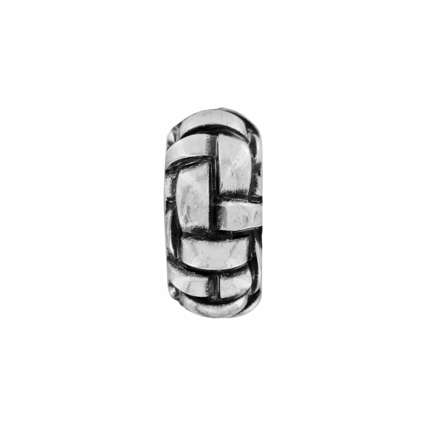 Brighton silver-plated bead charm with woven basketweave pattern and oxidized detailing on a white background
