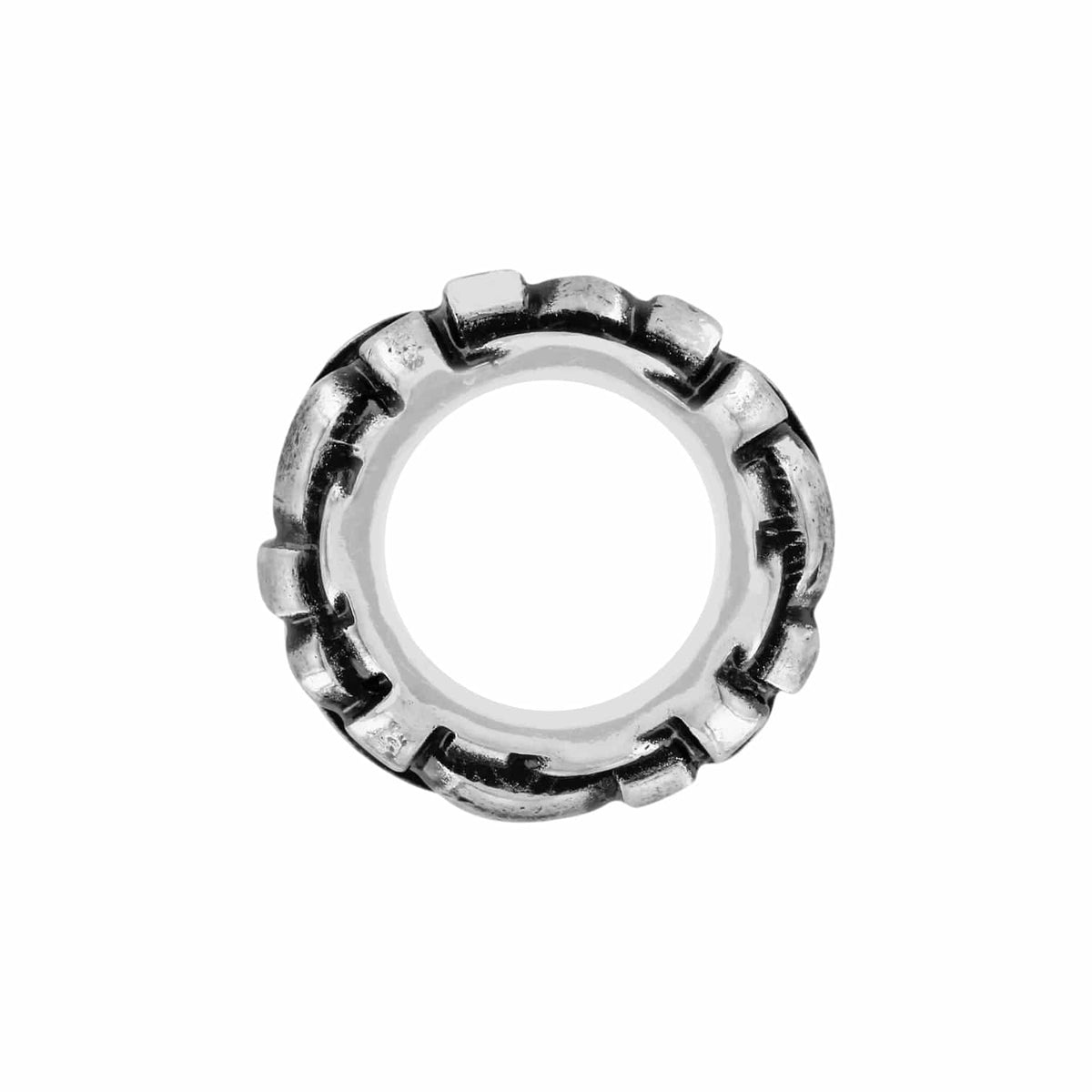 Brighton silver-plated spacer bead with textured openwork design and circular opening shown on a white background