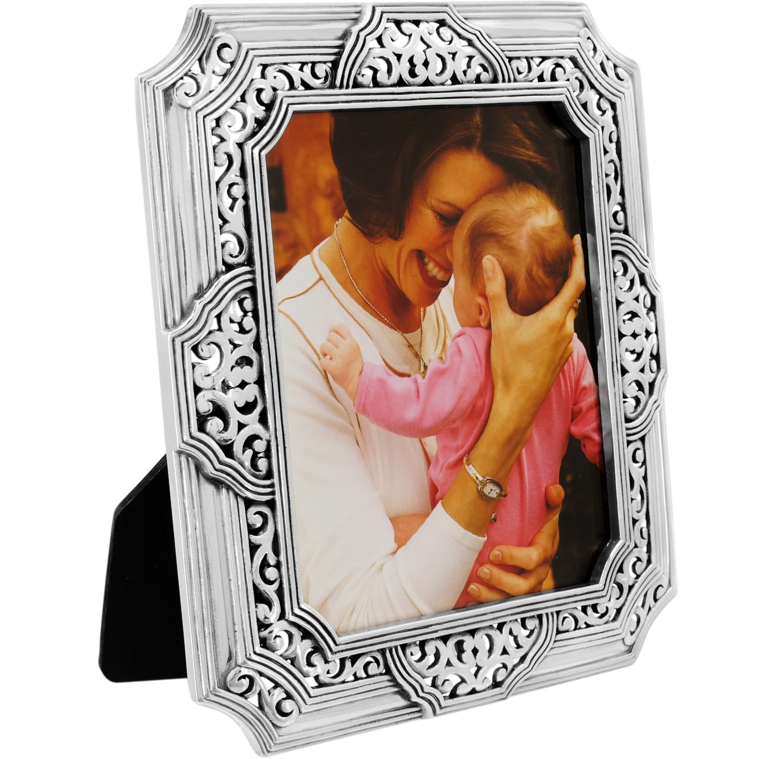 Brighton silver-plated picture frame with ornate scrollwork border displaying a mother and baby photo on a white background