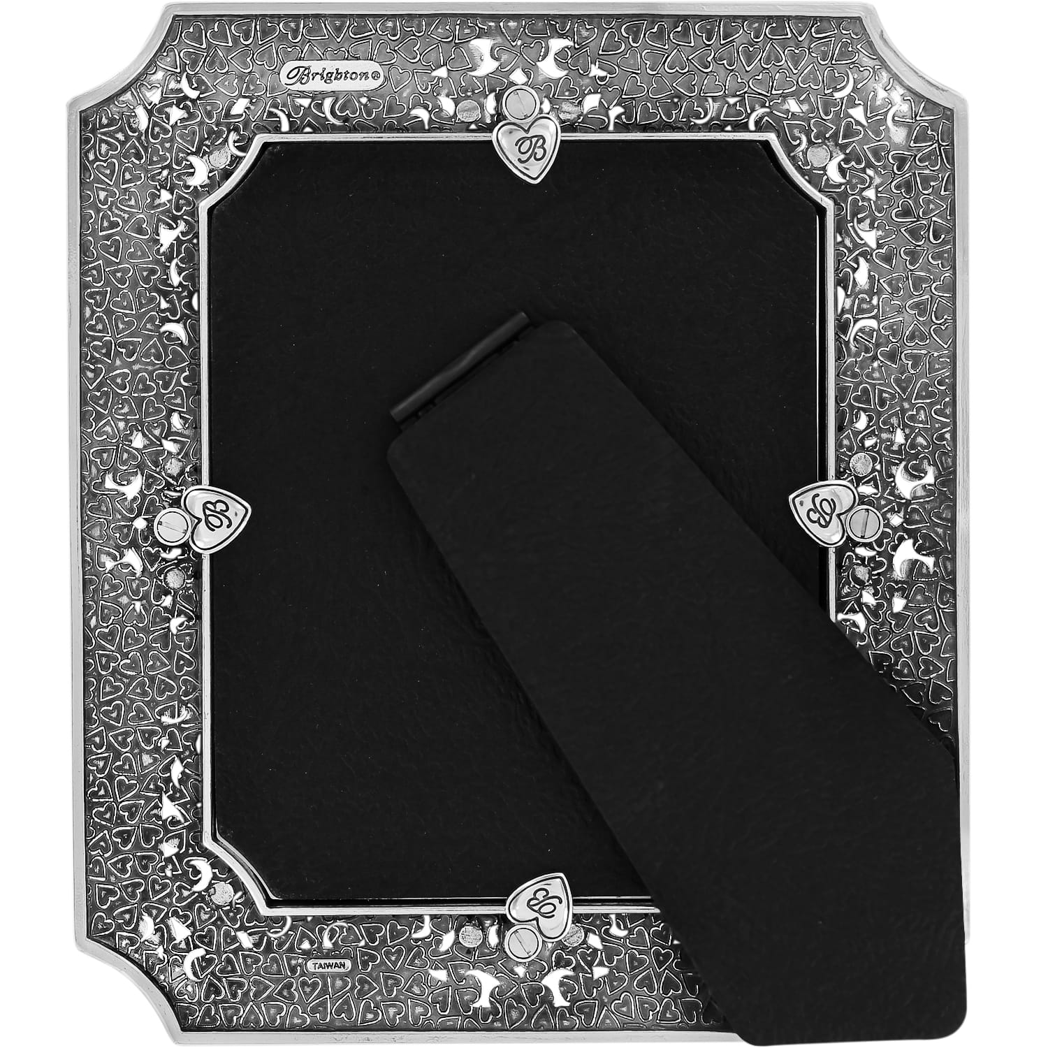 Brighton silver-plated picture frame with embossed heart pattern border and small heart accents on a white background