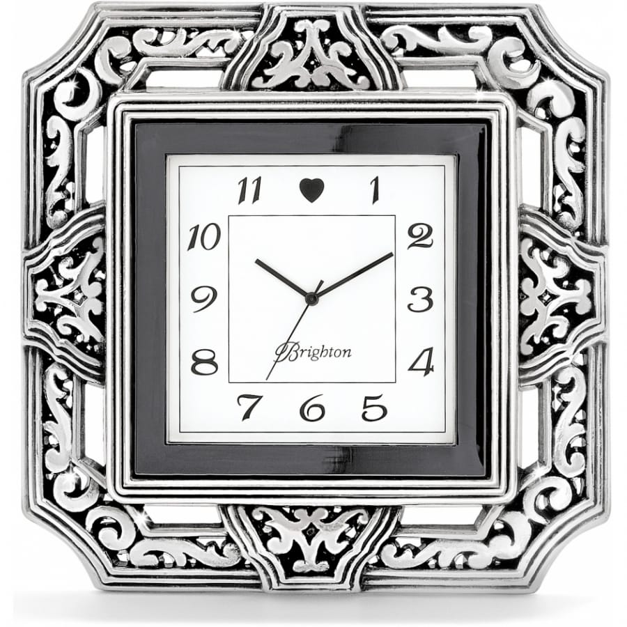 Brighton square clock with silver-plated ornate scrollwork frame and black border around numbered face on a white background