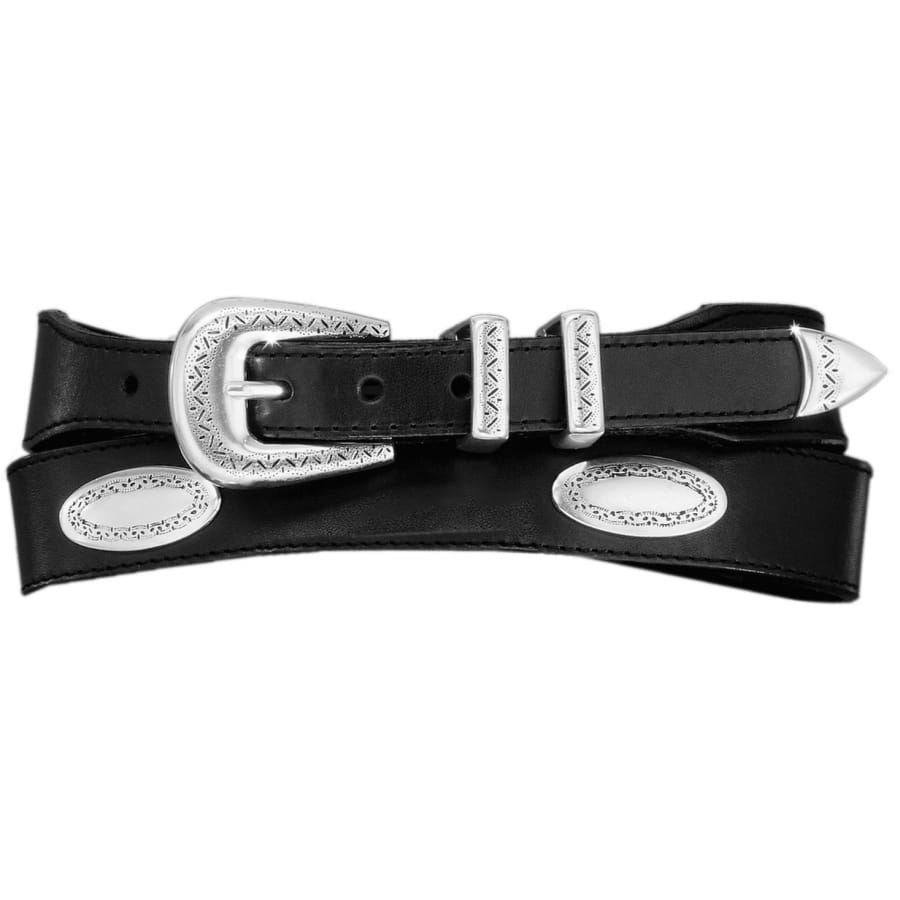 Brighton black leather belt with silver-tone engraved buckle, keepers, tip, and oval concho accents on a white background