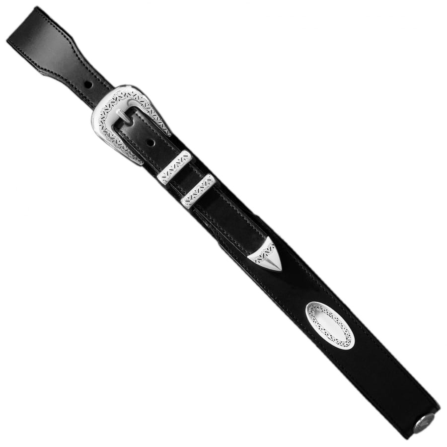 Brighton black leather belt with engraved silver-tone buckle, keeper, tip, and oval concho on a white background
