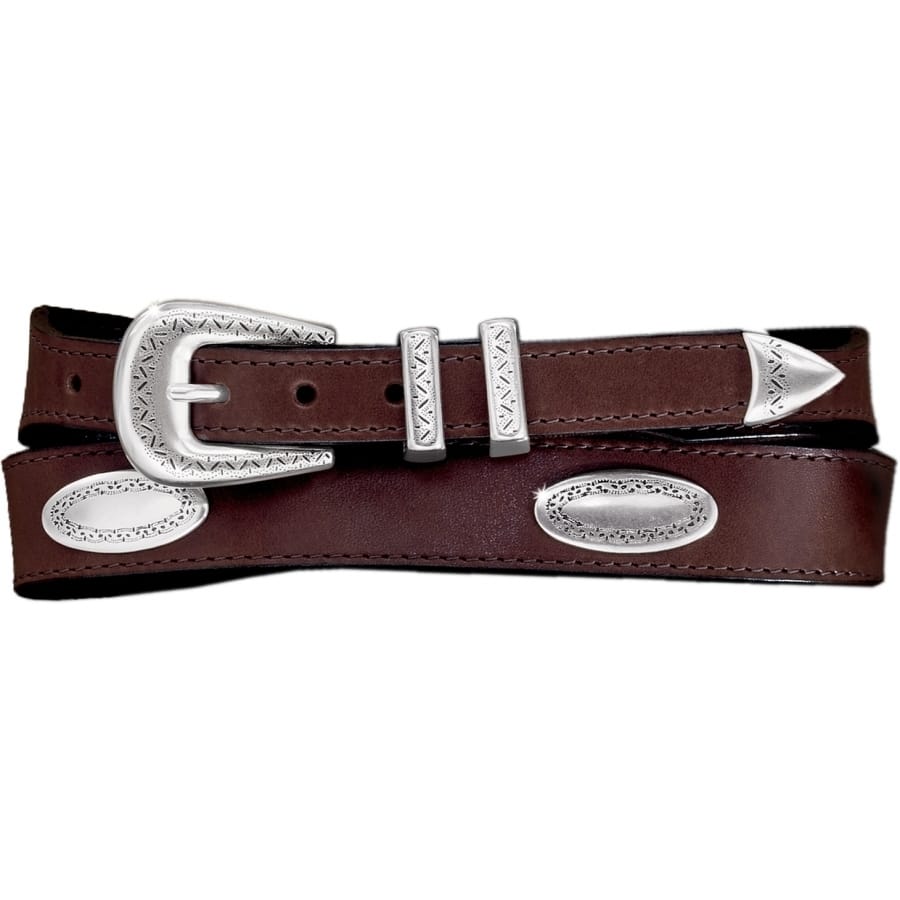 Brighton brown leather belt with silver-tone engraved buckle, keepers, tip, and oval conchos on a white background