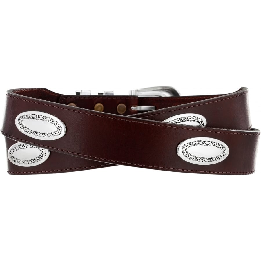 Brighton brown leather belt with silver-tone buckle and oval engraved concho accents on a white background